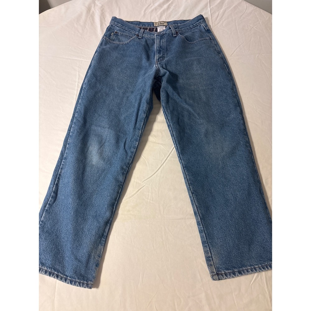 L.L. Bean Flannel Lined Jeans Men 34x29 Blue Good Relaxed Fit Plaid Denim 139426